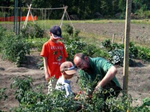 Mike's Garden Harvest- Photo of Mike attending vegetables with kids in field - Farm-Gallery-2014-Staff-trainings-starts-early-at-Mikes-Garden-Harvest